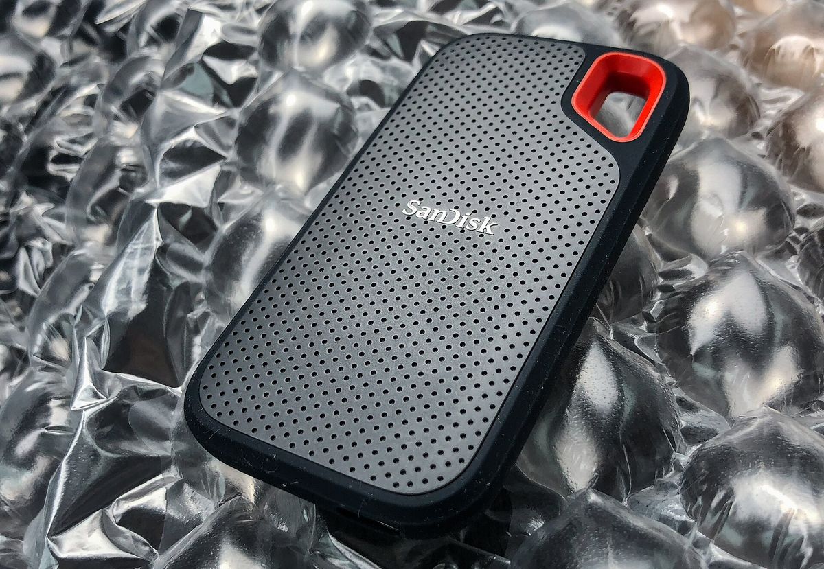 A small portable solid-state drive with a USB-C port.