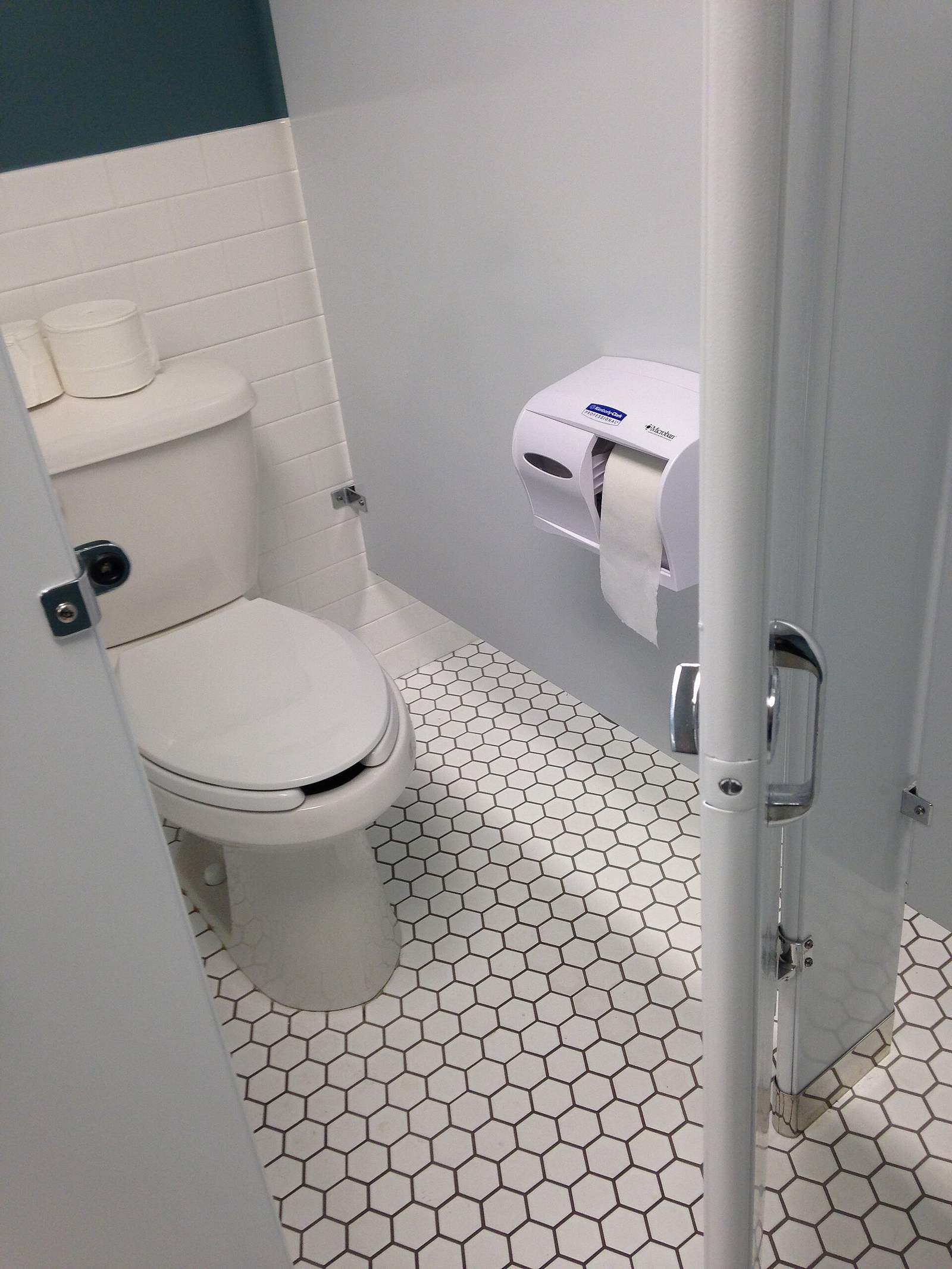 A standard white flush toilet in a bathroom.