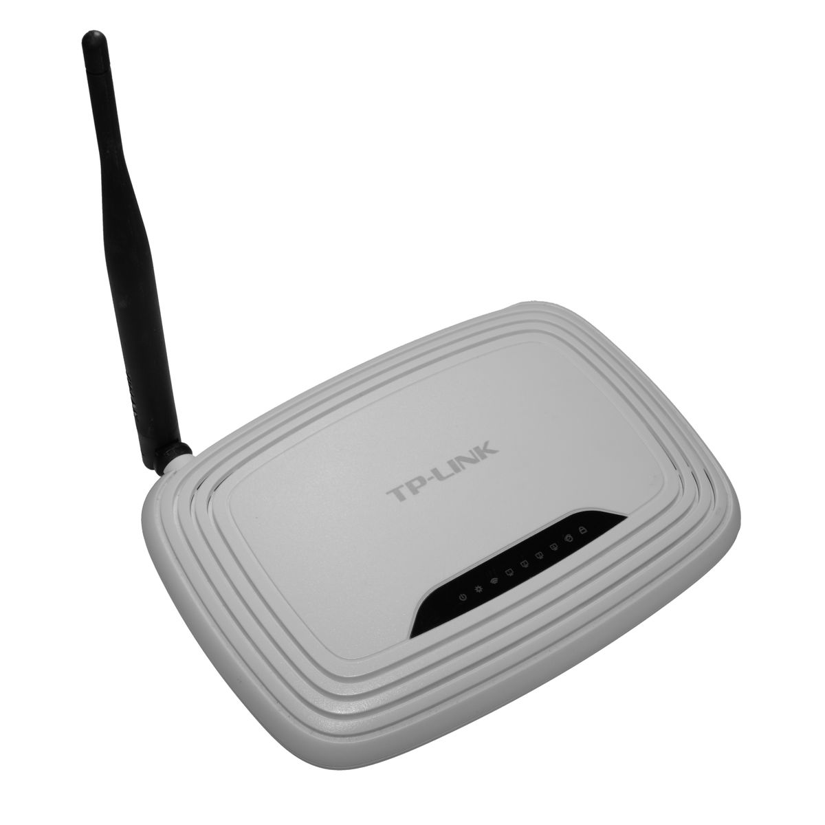 A small home Wi-Fi router with an external antenna.